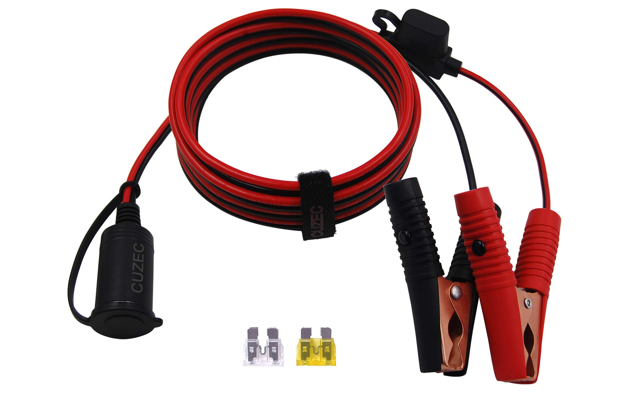 CUZEC 12V/ 24V Extension Cord Plug Socket with Battery Clamp 5.3FT / 1.6m 14 AWG Battery Clip-On and Cigarette Lighter Adapter