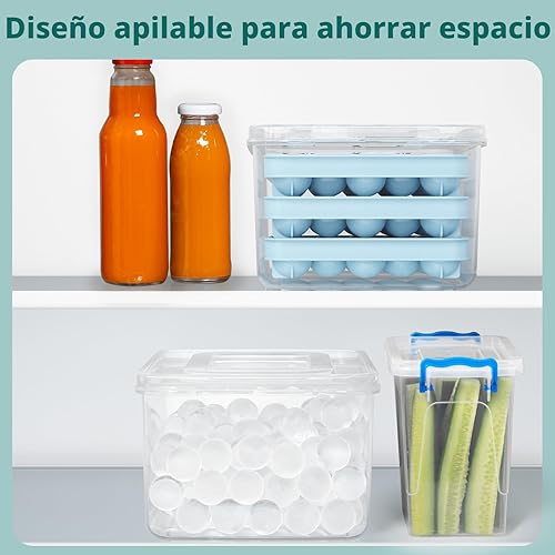 Miniatura 7 de Paquete de 3 bandejas de hielo para congelador, 99 bandejas de cubitos de hielo con tapa y contenedor, bandejas redondas para cubitos de hielo