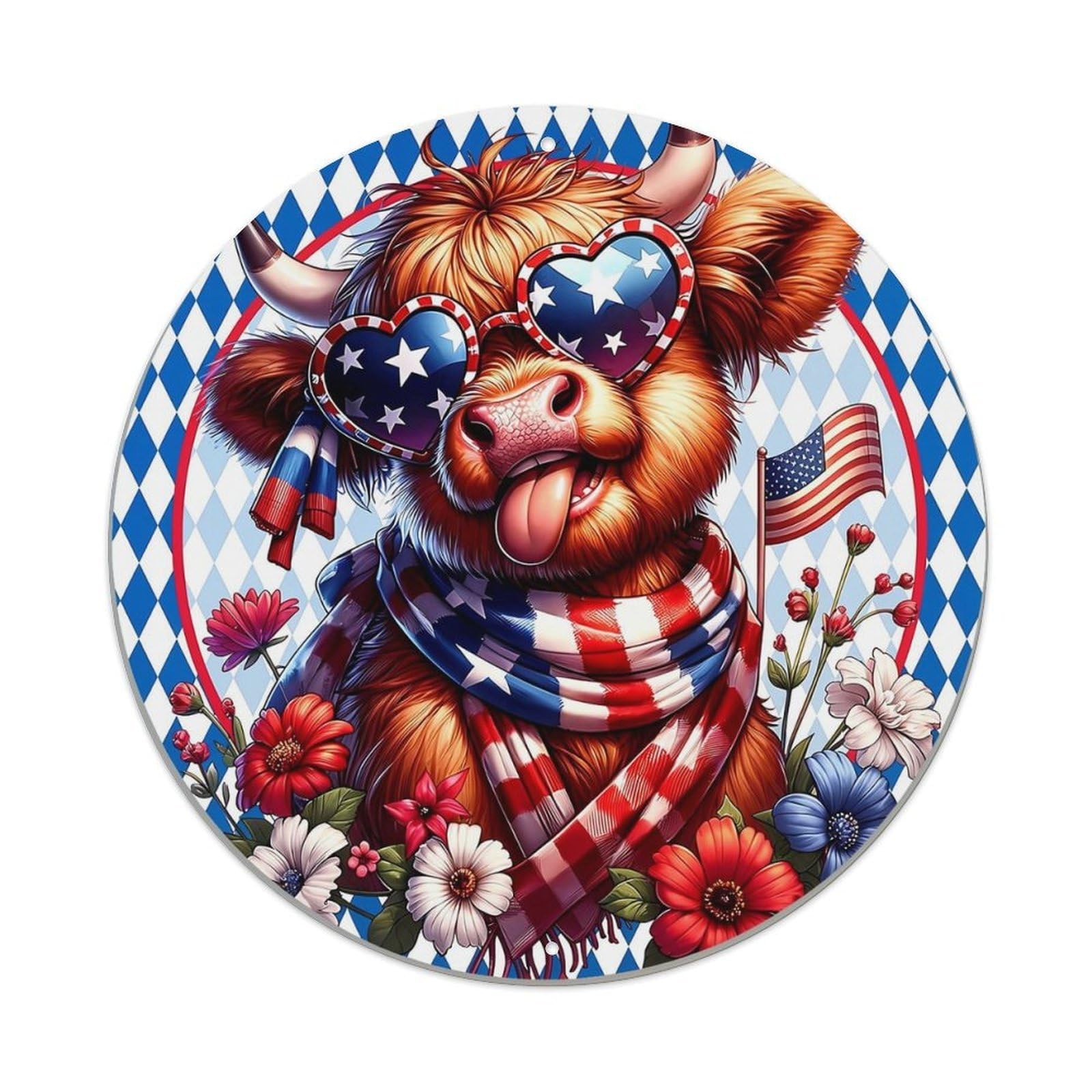 Jdyaojiesheng Vintage American Flag Cow With Flowers Round Tin Sign Retro Metal Wall Decor Metal Poster, Home Bar Garage Farmhouse Cafe Wall Art Decoration 8X8inch