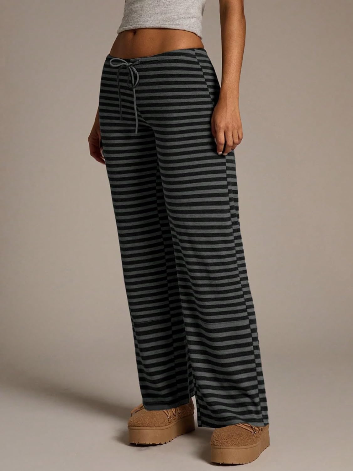 Women's Flared Knit Pants High Waisted Wide Leg Striped Lounge Bottoms Soft Stretchy - Image 4