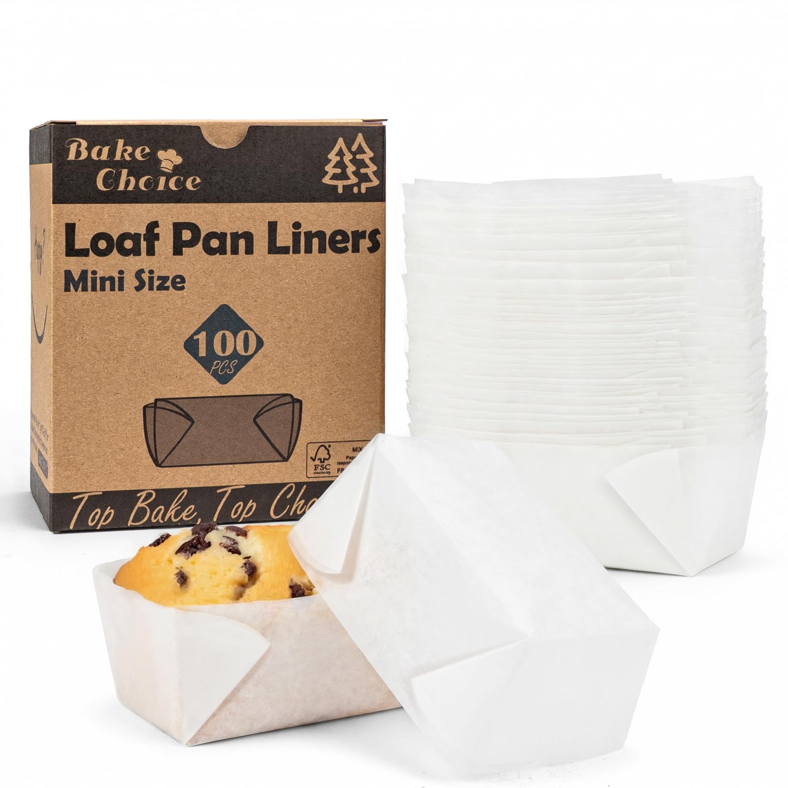 Bake Choice 100 Pcs White Mini Loaf Pan Liners Compatible with Wilton Mini Loaf Pan, Natural Parchment Paper Cupcake Liners, Petite Loaf Baking Cups for Cupcake, Muffin, Brownies, 3.15*1.97*1.57inch