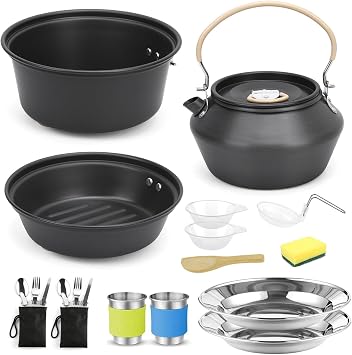 TOMSHOO 24pcs Camping Cookware Mess Kit Aluminum Pot Pan and Kettle Set with Cups Plates Forks Cutter Spoons for 2-3 People