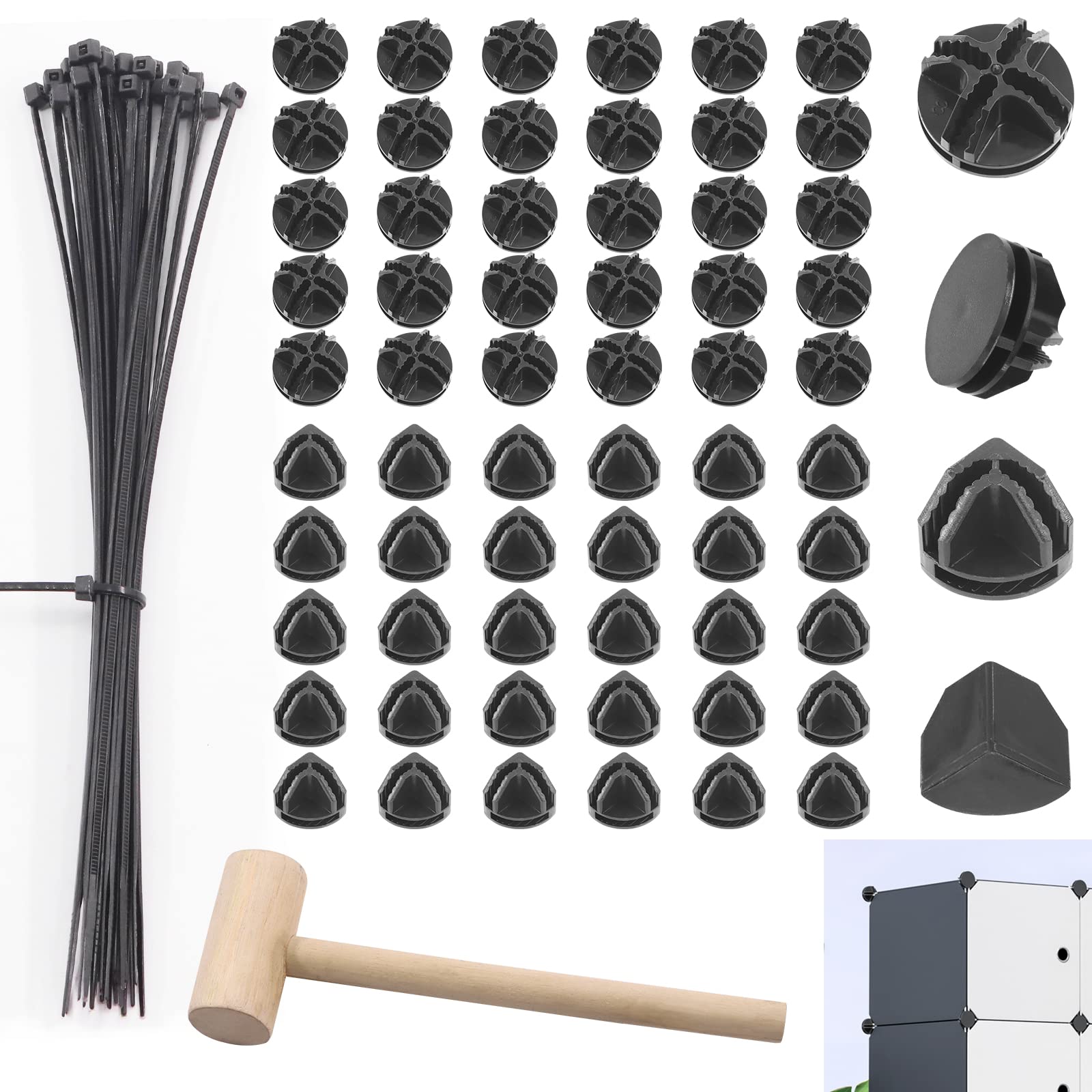 Keadic 91Pcs Black Wire Grid Cube Plastic Connectors with Nylon Cable Ties and Hammer, Heavy Duty Round Elevated Foot Connectors Modular Storage Closet Organizer for Home, Office,Bedroom