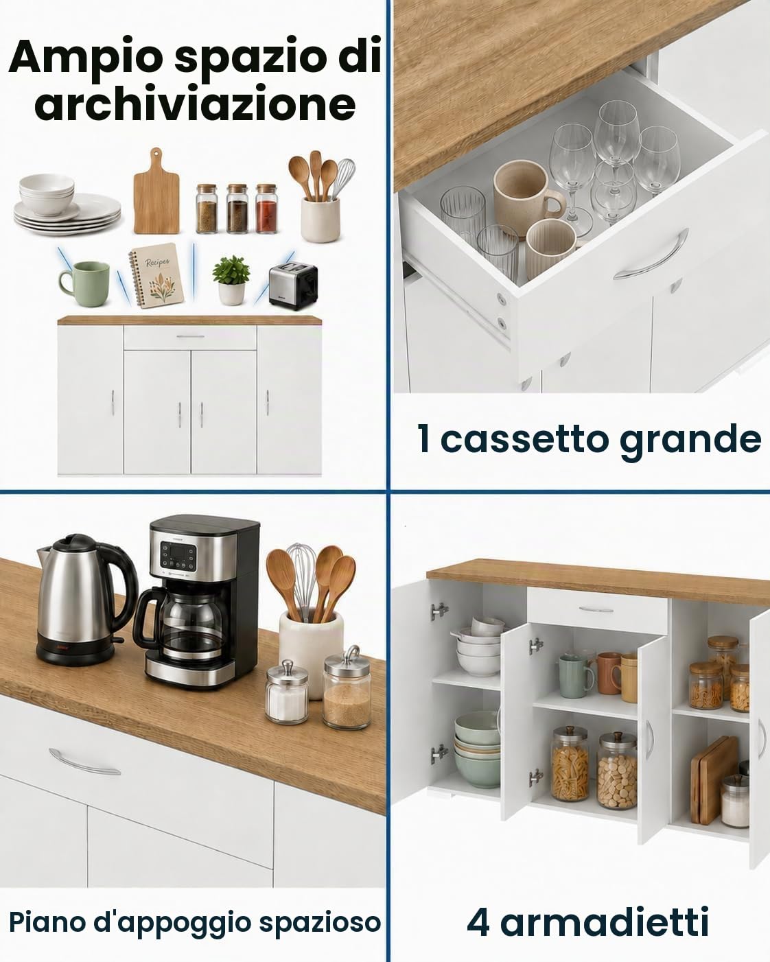 Credenza Sala da Pranzo Bianca con 4 Ante e 1 Cassetto 110×30×70cm | Credenza con 4 ante e 1 cassetto, spazio pratico per organizzare stoviglie, posate e accessori nella sala da pranzo
