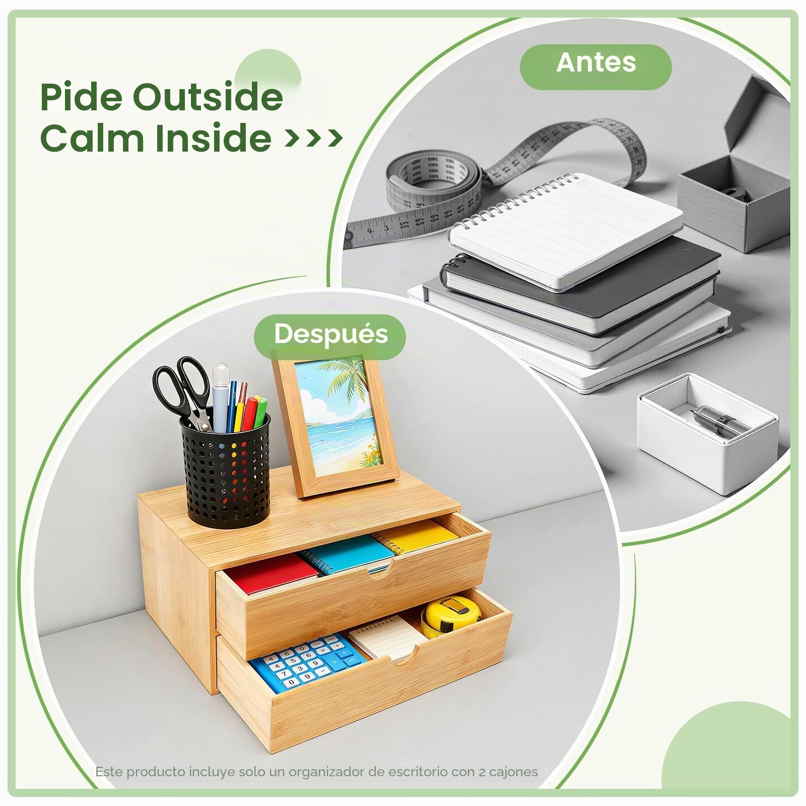 Organizador original de escritorio de bambú con 2 cajones mini escritorio de bambú, mesa de cajón caja de almacenamiento para oficina y dormitorio, 33 x 19 x 16 cm