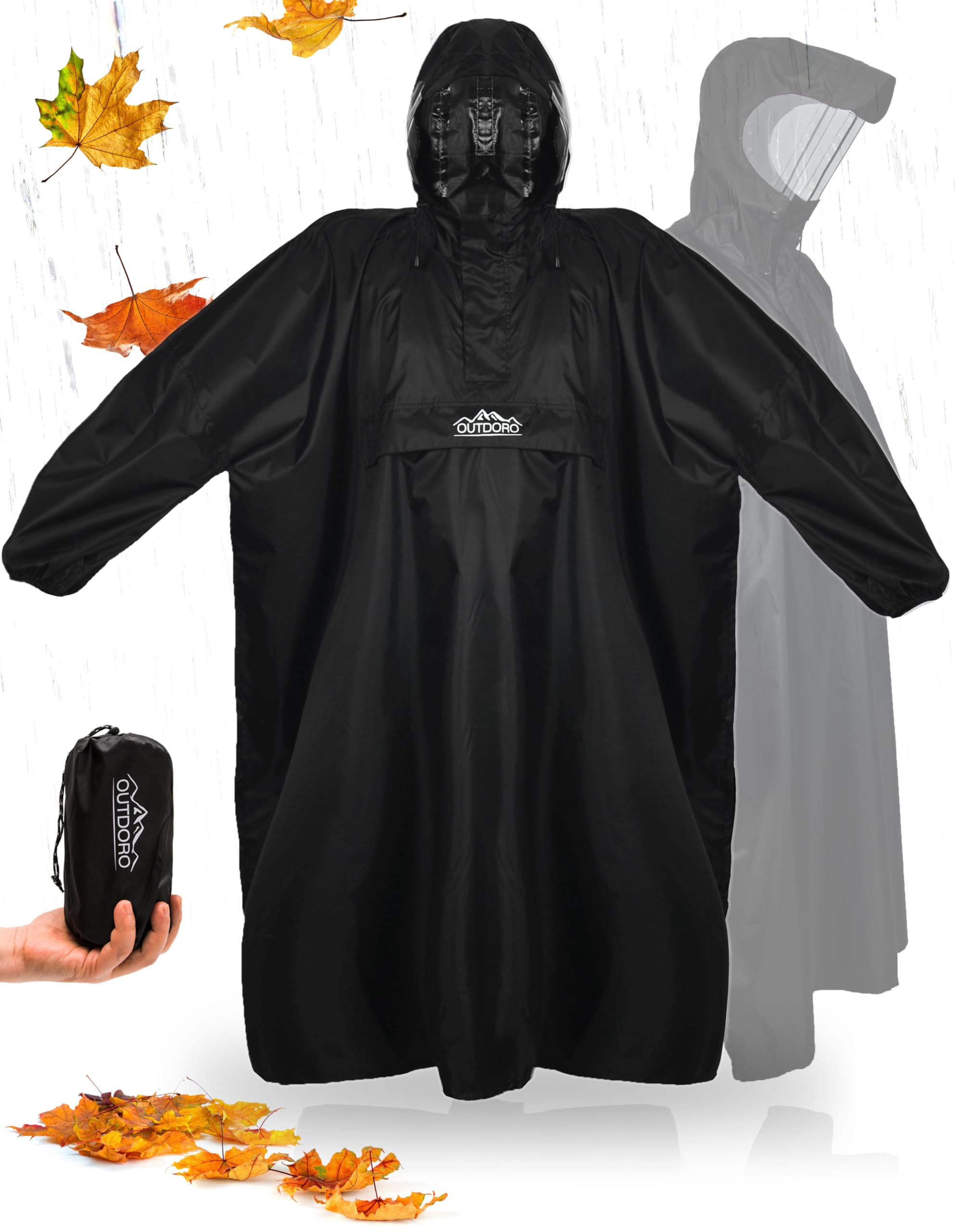 Outdoro - Poncho de lluvia de manga con ventana de navegación en el bolsillo en el pecho, cremallera y ventana - Poncho para hombre y mujer adulta, negro, G-XL