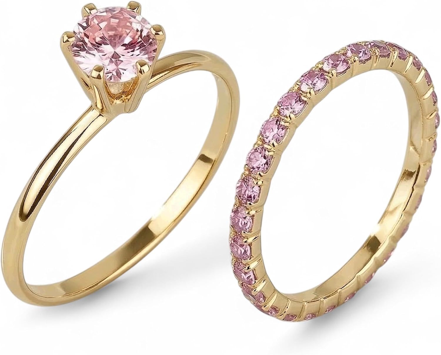 Kit 2 Anéis Femininos Banhados a Ouro, Solitário com Pedra Rosa e Aparador Cravejado com Strass