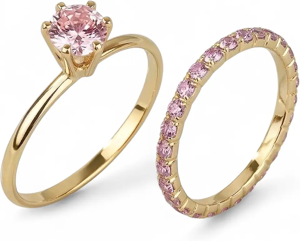 Kit 2 Anéis Femininos Banhados a Ouro, Solitário com Pedra Rosa e Aparador Cravejado com Strass