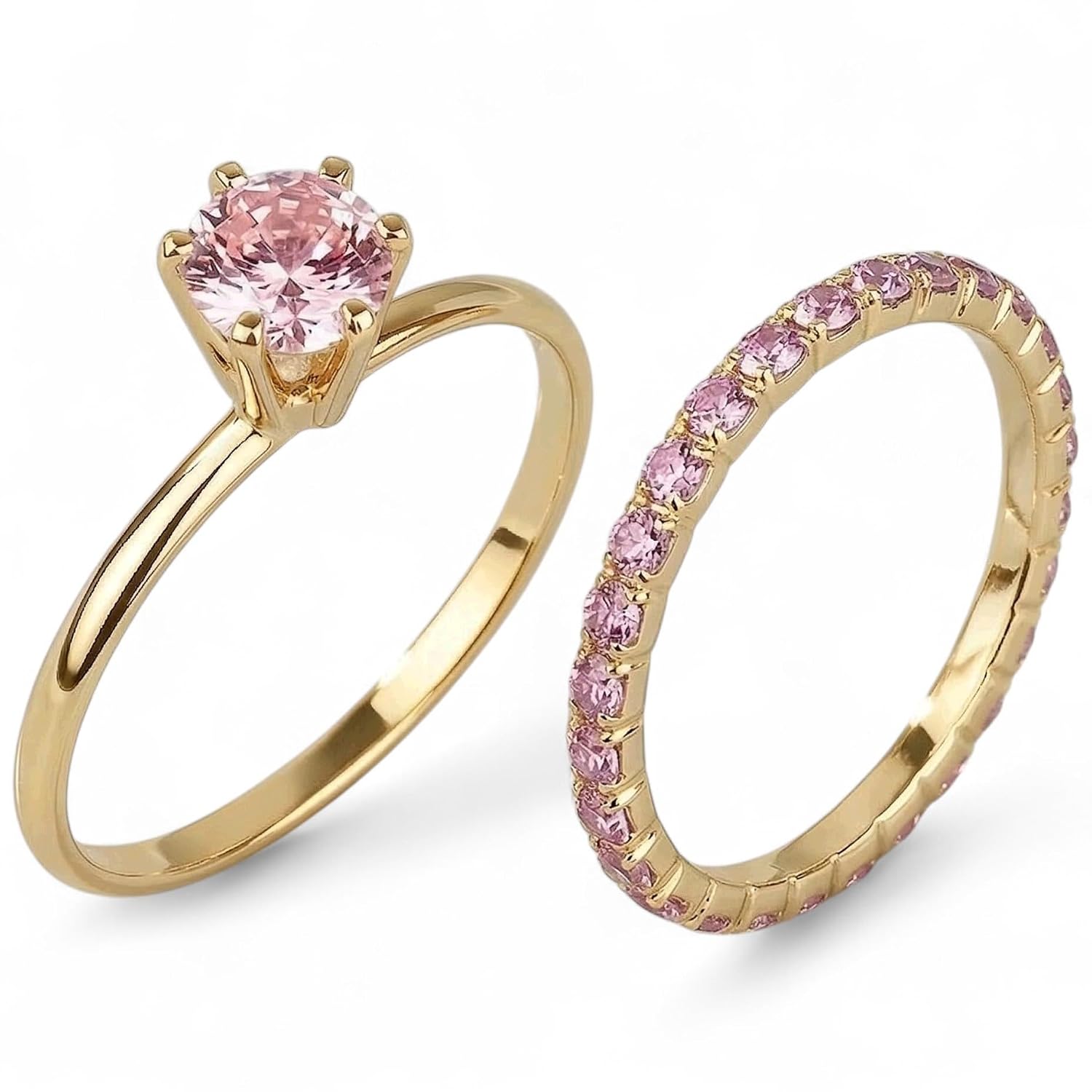 Kit 2 Anéis Femininos Banhados a Ouro, Solitário com Pedra Rosa e Aparador Cravejado com Strass