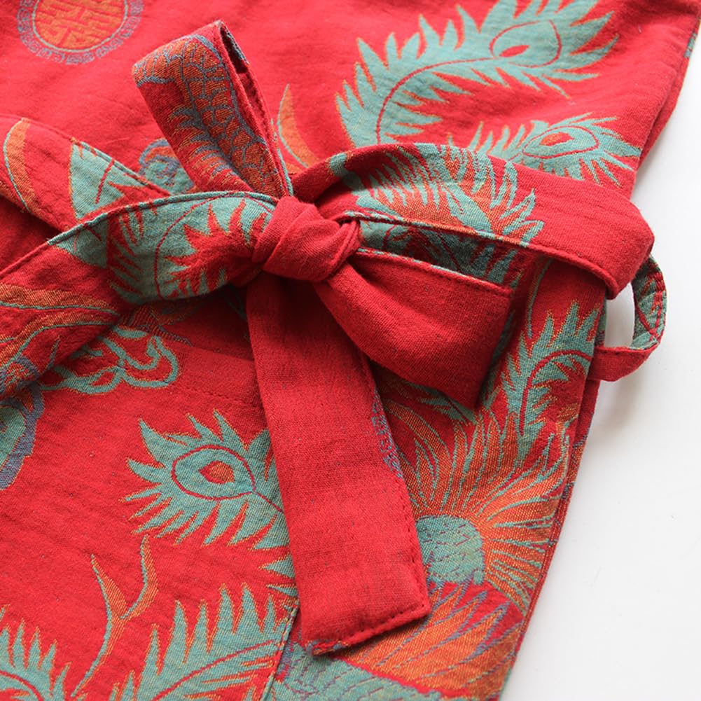 Camisón de Algodón de Doble Gasa Tradicional Hanfu de Longitud Media con Estampado, Cinturón de Lazo, Bata Pijama Holgado, Camisón Cómodo para Sudoración, Yukata, Traje de Sauna, Ropa de Dormir