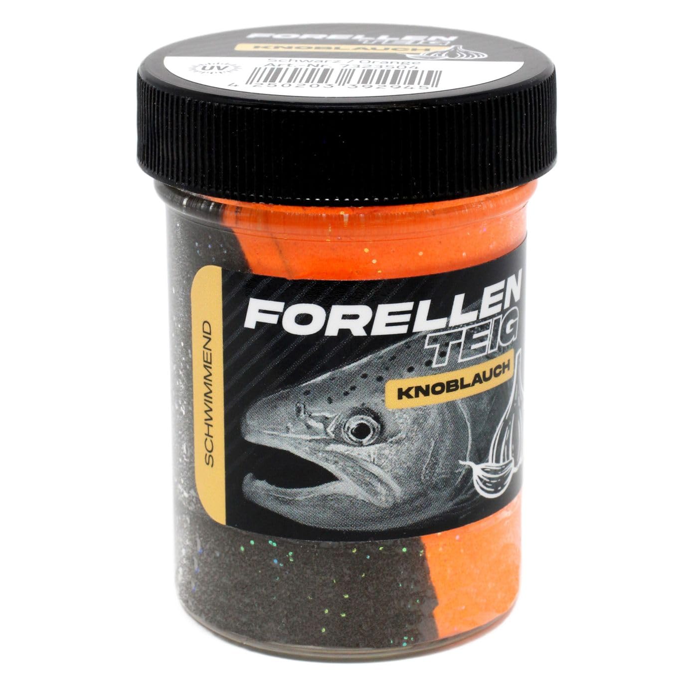 FTM Trout Dough Floating 50 g – Trout Dough, Colour/Aroma: Black/Orange – Garlic