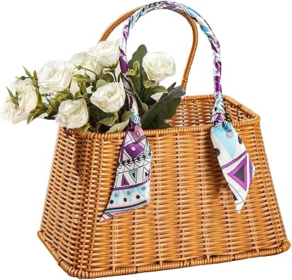 RT&BS Handwoven Wicker Handbag, Women Straw Tote for Beach, Wicker Beach Bag with Handle, Home Decoration Flower Basket