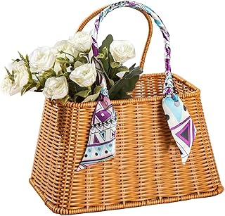 Rattan Flower Basket, Wicker Basket with Handle, Handwoven Wicker Handba...