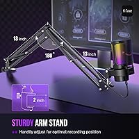 Vista 6 de Kit de micrófono USB para juegos FIFINE, micrófono para transmisión de PC con luces RGB, silencio, perilla de ganancia, brazo articulado de metal