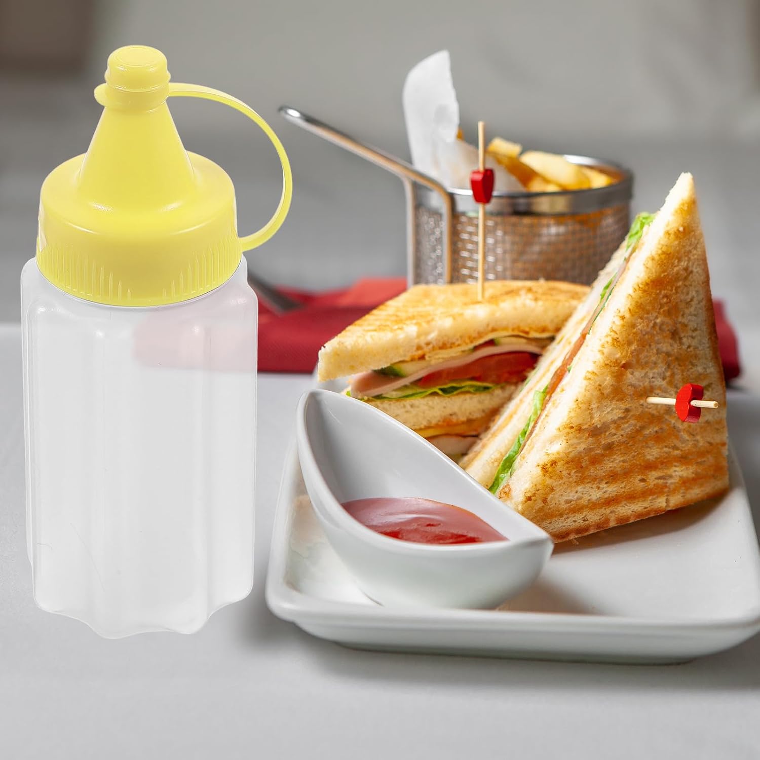 4pcs Plastic Squeeze Bottles for Kitchen Condiments, Ketchup and Syrup Dispensing Bottles with Yellow Caps, 250ml Salad Dressing Containers for Home Cooking and Food Serving
