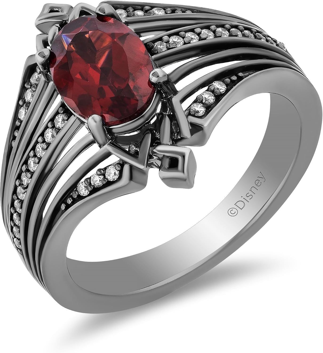 Jewelili Enchanted Disney Fine Jewelry Black Rhodium over Sterling Silver with 1/8 CTTW Diamond and Garnet Evil Queen Ring