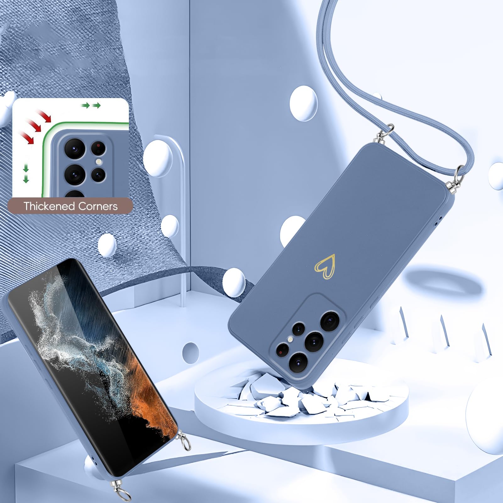 Etui do Samsung Galaxy S22 Ultra 5G ze sznurkiem obrożowym, miękkie etui silikonowe z motywem serca i przenośną smyczą, regulowana, odporna na wstrząsy osłona paska na ramię, niebieska