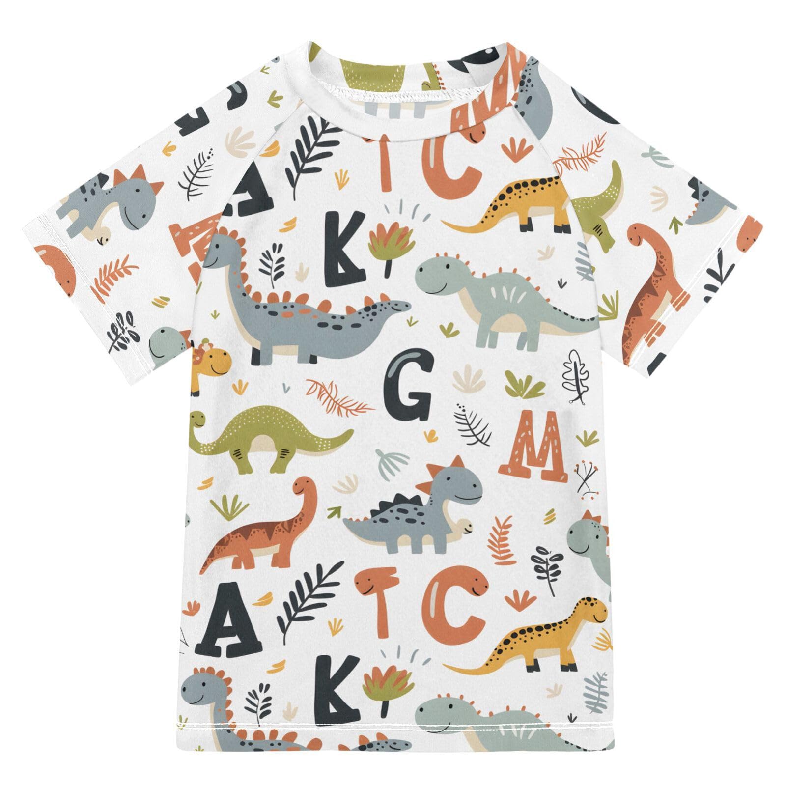 ALAZA Boys Swim Shirts Toddler Rash Guard Short Sleeve Rashguard Dinosaur Letters UPF 50+ 11-12T