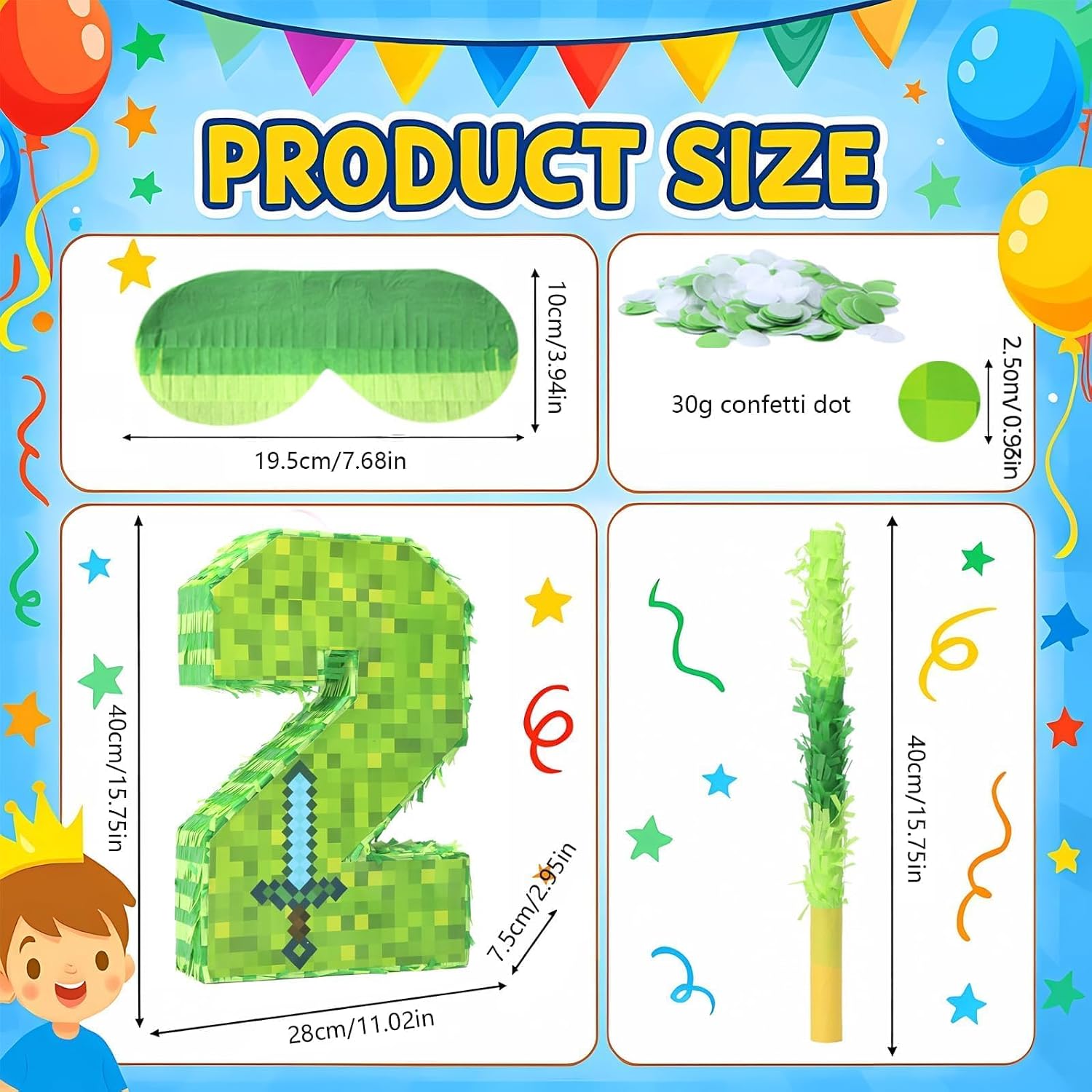16 Inch Number 2 Pixel Pinata with Piñata Stick, Blindfold, Confetti for Boys Girls Birthday Decorations, Kids Party Supplies, Easy to Fill and Hang (MinC-2th)