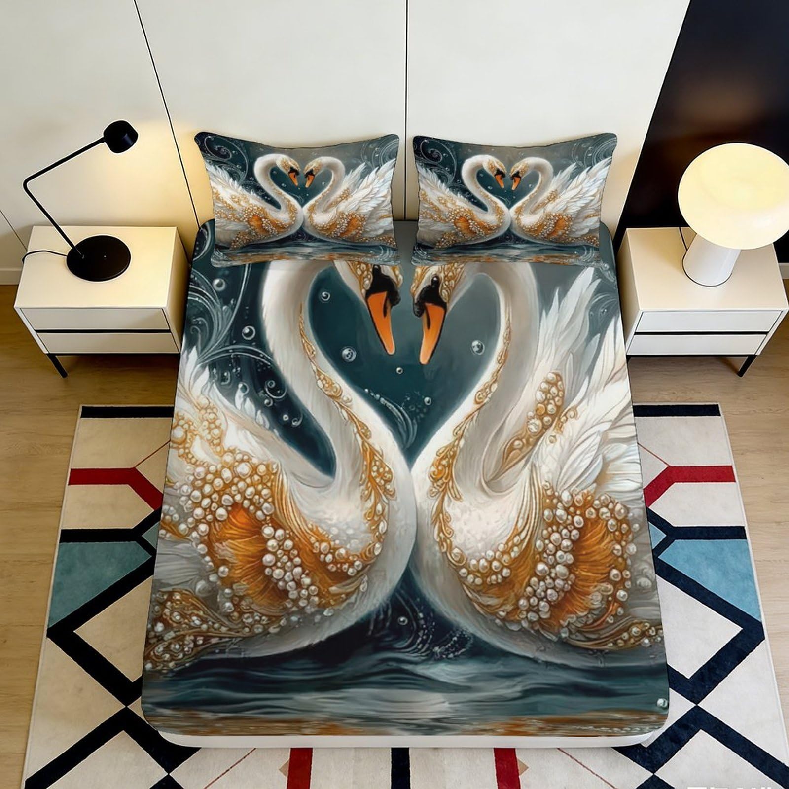 3D Printed Swan Pattern Fitted Sheet Microfiber Soft Breathable Romantic Lake Bed Cover for Bedroom Dormitory Guest Room Mattress Protection Decor 200x200x25cm