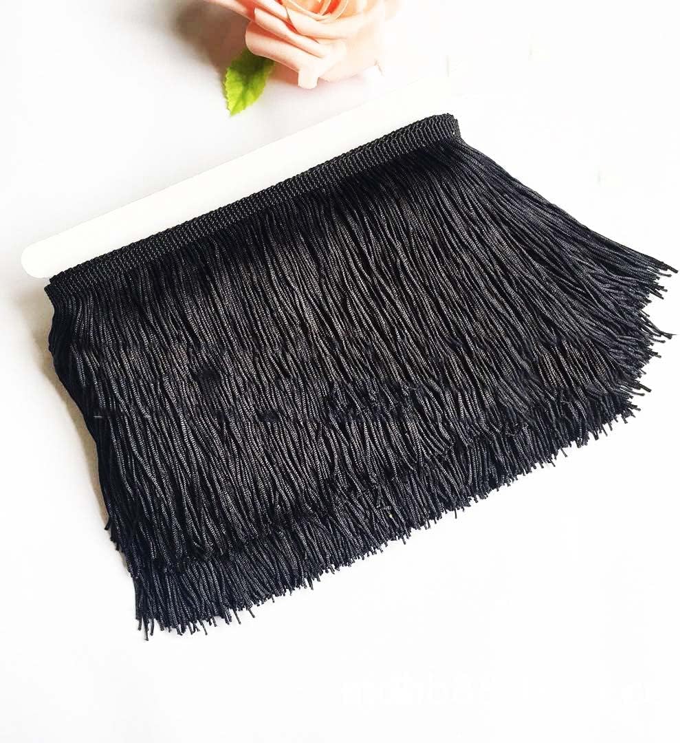 10 Yards of 6 Inch Fringe Trim Lace Tassel White Chainette Fringe Trim Ribbon for Latin Dance Dress DIY Clothing Embellishment Lamp Shade and Pillow Decorations-Black