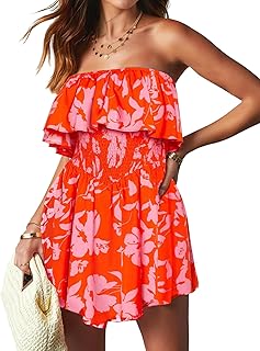 Women's Rompers Summer Strapless Floral Print Off Shoulder Boho Flowy Ru...