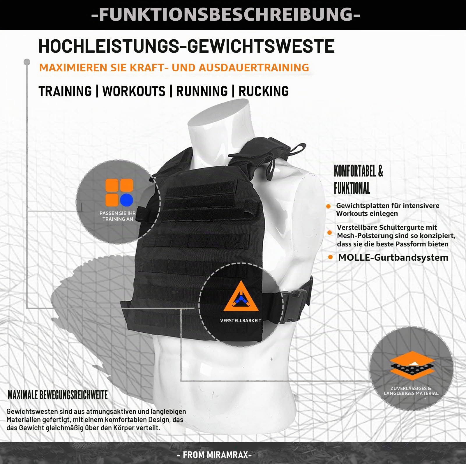 Miramrax Gewichtsweste für Damen und Herren, Gewichtswesten, verstellbar, Kraft- und Ausdauertraining, Fitness, taktisches Laufen