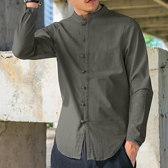 Men's Kung Fu Shirts Long Sleeve Mandarin Collar Frog-Button Tang Outfit Regular Fit Chinese Traditional Linen Tops