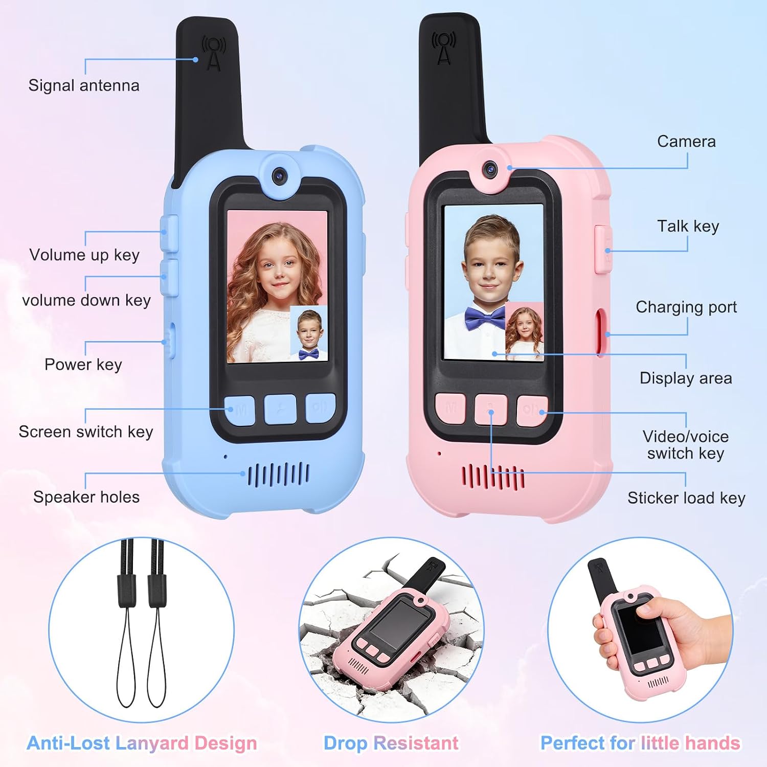 Video Walkie Talkies for Kids with Voice Changer, 2 Pack Rechargeable Kids Walkie Talkies with Real-Time Screen & Sticker Effect & Camera, 1000 Feet Long Range 2 Way Radio Toys for Boys/Girls 3-12