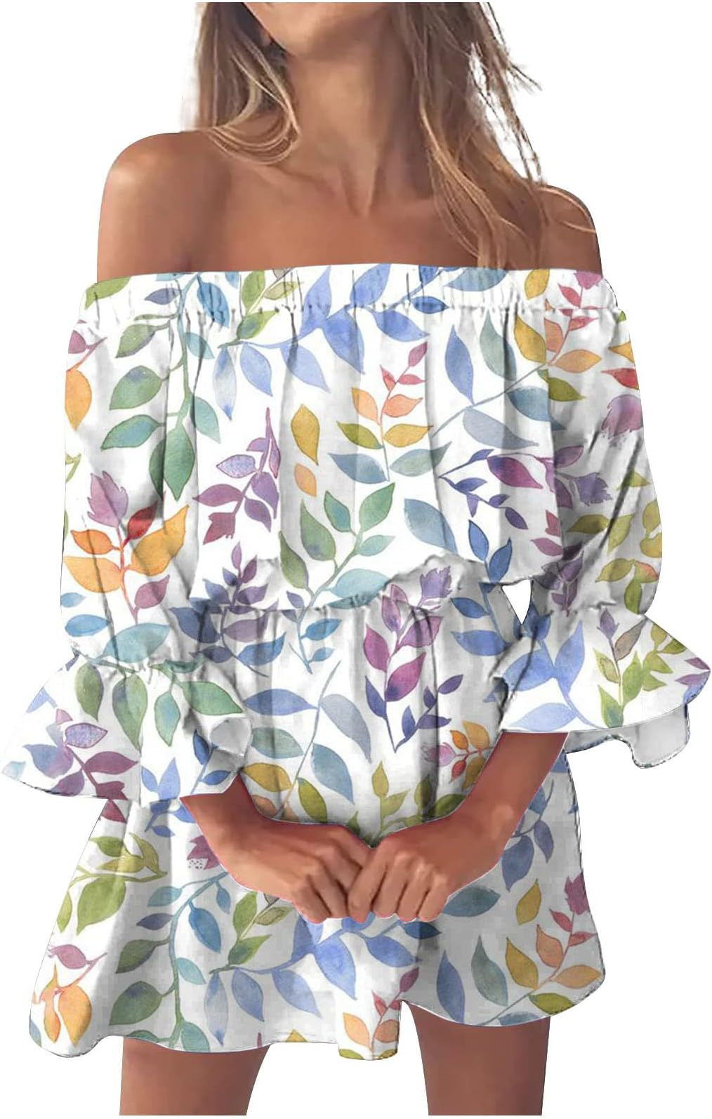 AMhomelySummer Dresses for Women 2023 Party Elegant Sexy Casual Off Shoulder Printing Bell Sleeve Dresses Ladies Trendy Tunic Dresses Activewear Dresses for Vacation Cocktail Formal Work Wedding