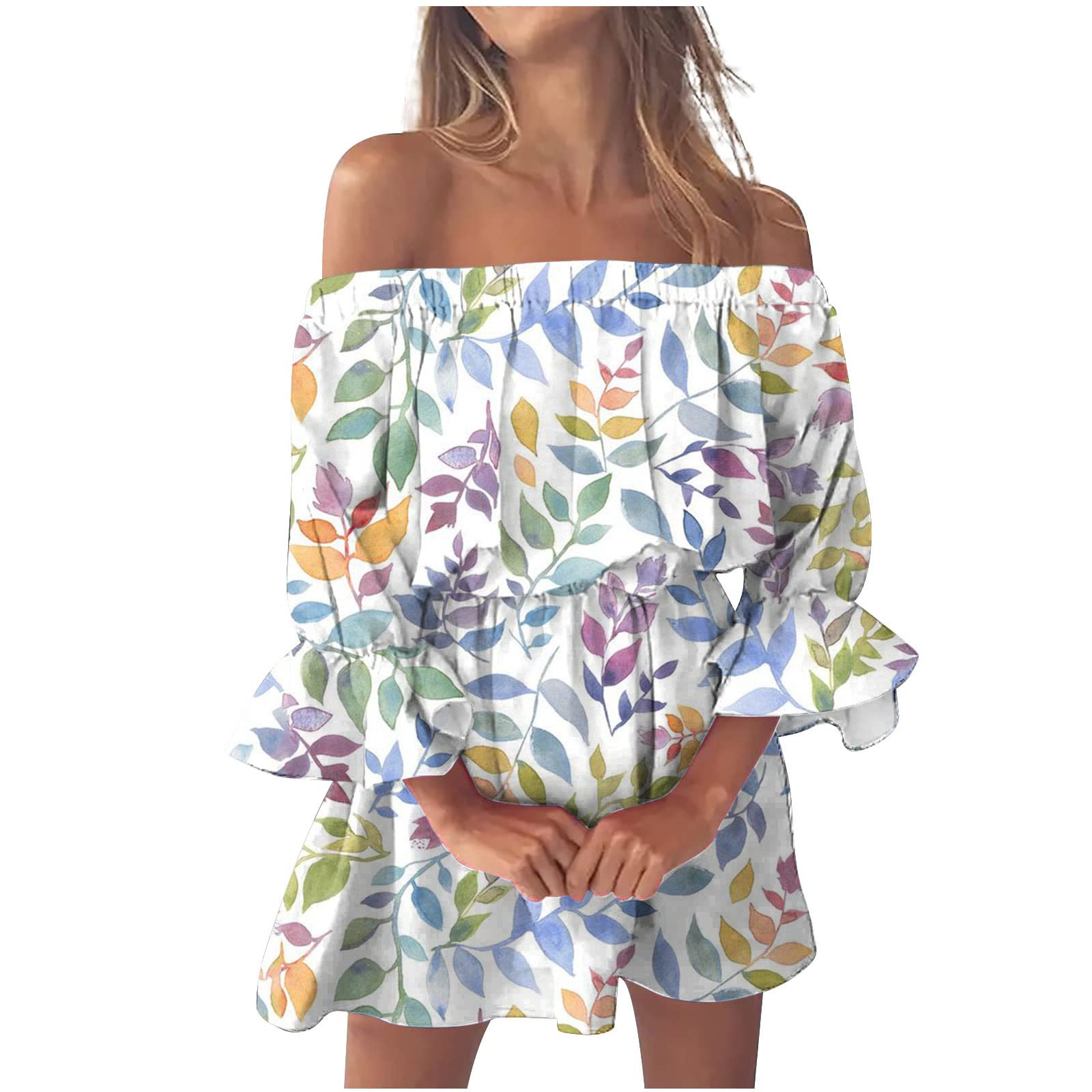 AMhomelySummer Dresses for Women 2023 Party Elegant Sexy Casual Off Shoulder Printing Bell Sleeve Dresses Ladies Trendy Tunic Dresses Activewear Dresses for Vacation Cocktail Formal Work Wedding