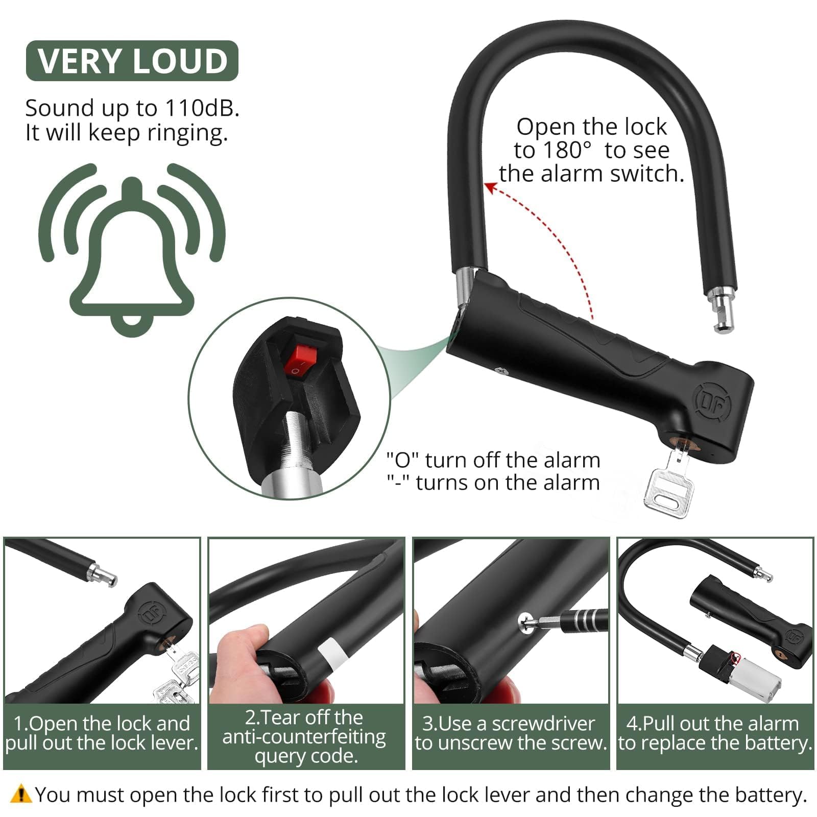 EYPINS Candado en forma de U para motocicleta, 19 mm, resistente, 110 dB, bloqueo en U, antirrobo, impermeable, para scooter, motocicleta, bicicleta eléctrica, color negro