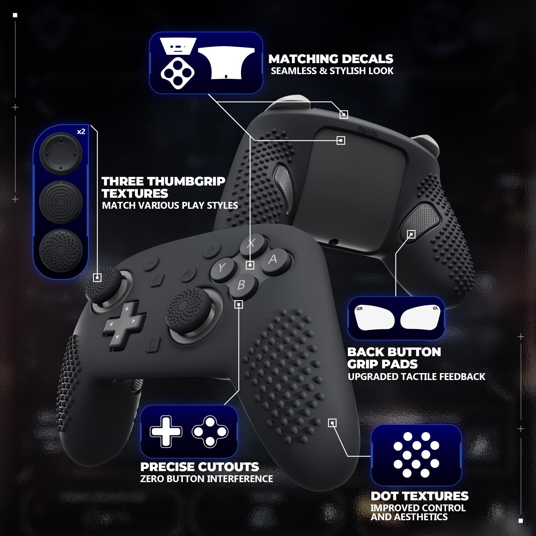 PlayVital Cover per Nintendo Switch 2 Pro Controller, Custodia Silicone Protettiva Antiscivolo per Switch 2 Pro con Copri Tasti Posteriori, Gommini e Adesivi, 3D Borchiate-Nero