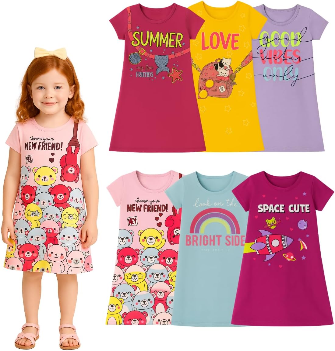 Kit 5 Vestidos Infantil Menina Verão Crianças Manga Curta Dia A Dia Para Sair