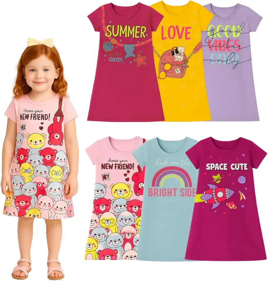Kit 5 Vestidos Infantil Menina Verão Crianças Manga Curta Dia A Dia Para Sair