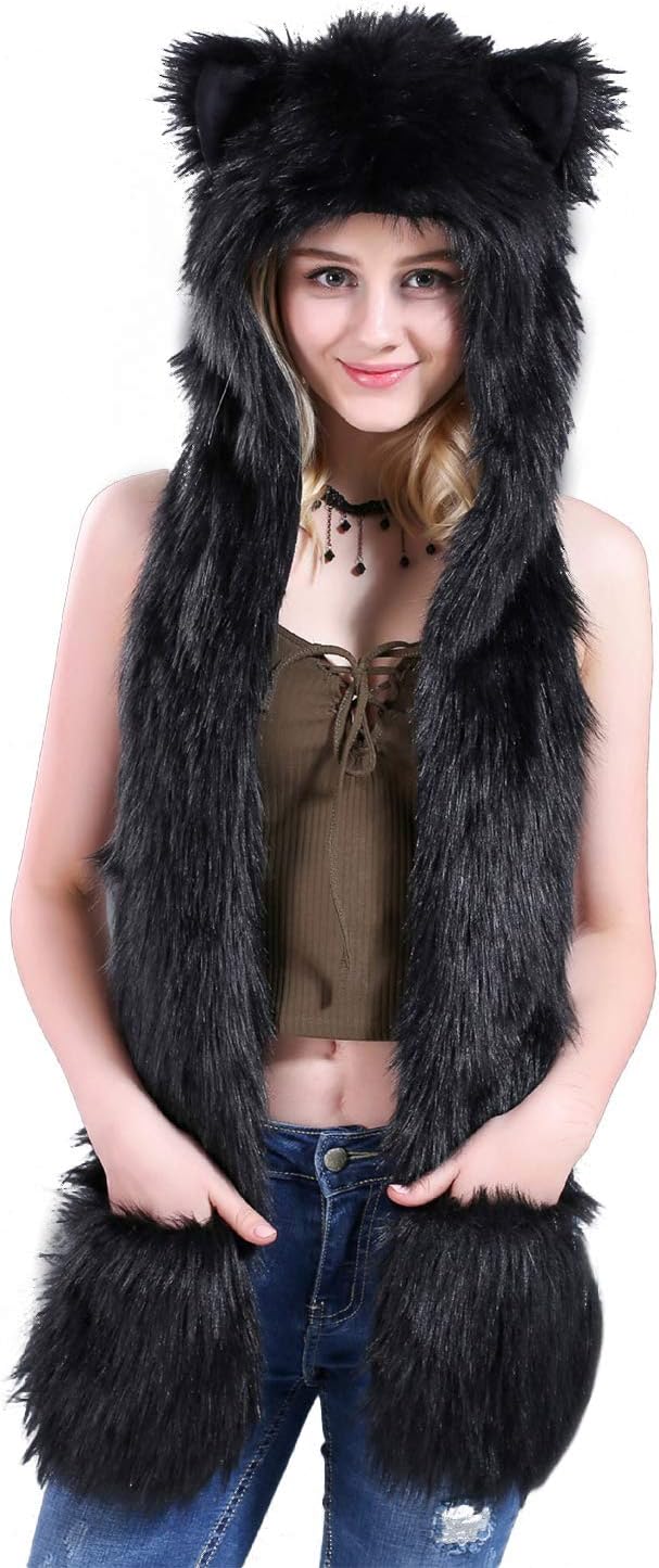 Faux Fur Animal Hat 3 in 1 Novelty Hood Earflap Cap Scarf Mitten Hoodie with Paw Pocket Plush Beanie Party Costume