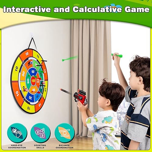 Miniatura 4 de Tablero de dardos de 29 pulgadas para niños, juegos de disparo de doble cara con 2 pistolas de espuma, 6 bolas adhesivas y dardos, juguetes