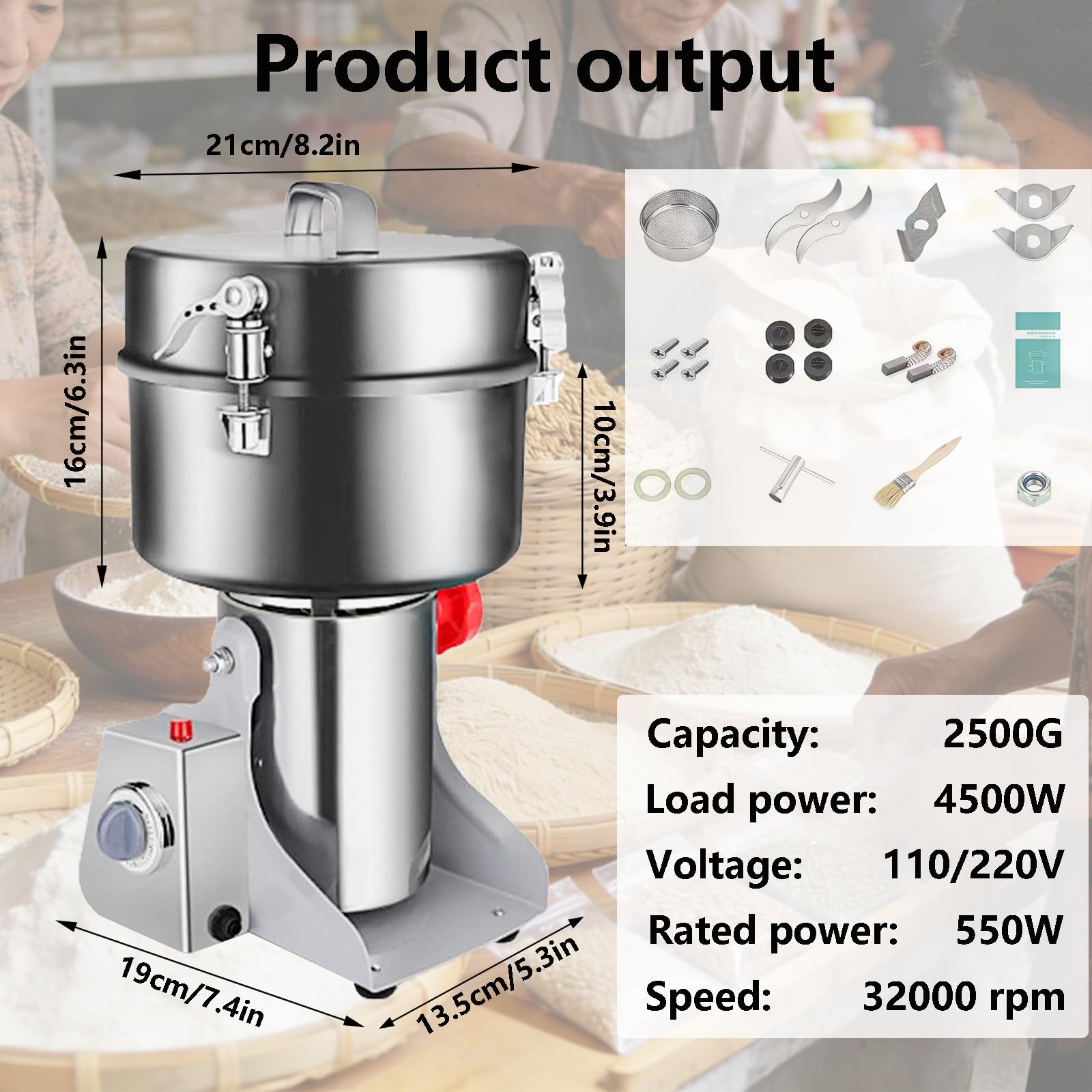 Molinillo de Especias Comercial, Gran Capacidad de 2500 g, Motor Industrial de 4500 W, Disco de Cuchillas de Acero Inoxidable de Seis Hojas, Apto para Pimienta, Sal, té, café, Soja, azúcar