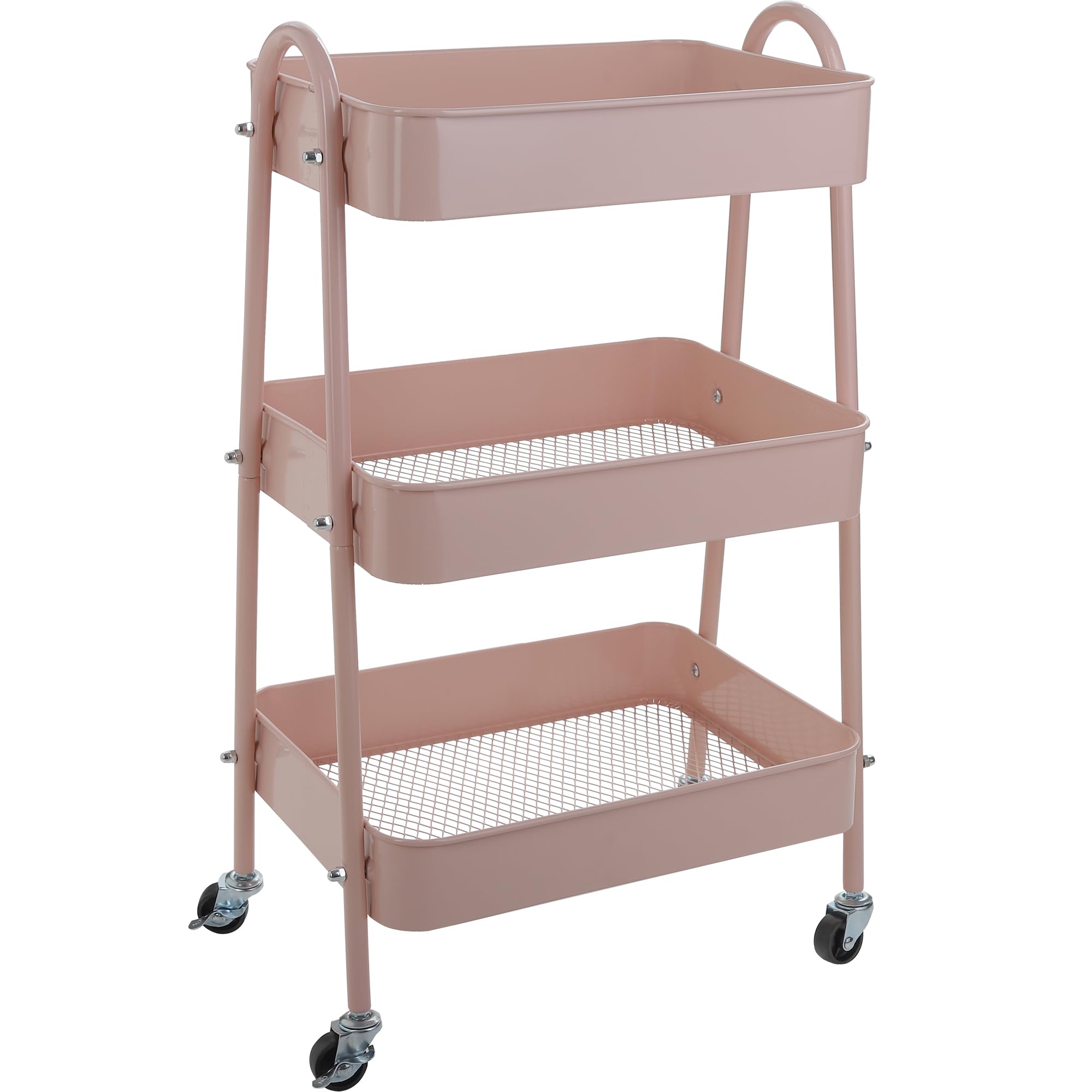 YOHKOH3-Tier Metal Rolling Utility Cart,Storage Trolley Cart with Mesh Baskets and Lockable Wheels for Bathroom Kitchen Office (Pink)