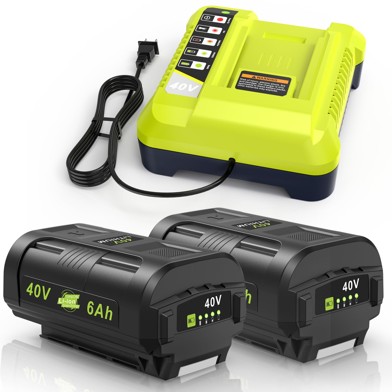 Compatible con batería Ryobi de 40 V, 6.0 Ah, 2 unidades, OP4060, OP401, combo de cargador de alta capacidad, fuerte potencia para Ryobi 40 V batería y cargador, cortacésped, sopladores de hojas para