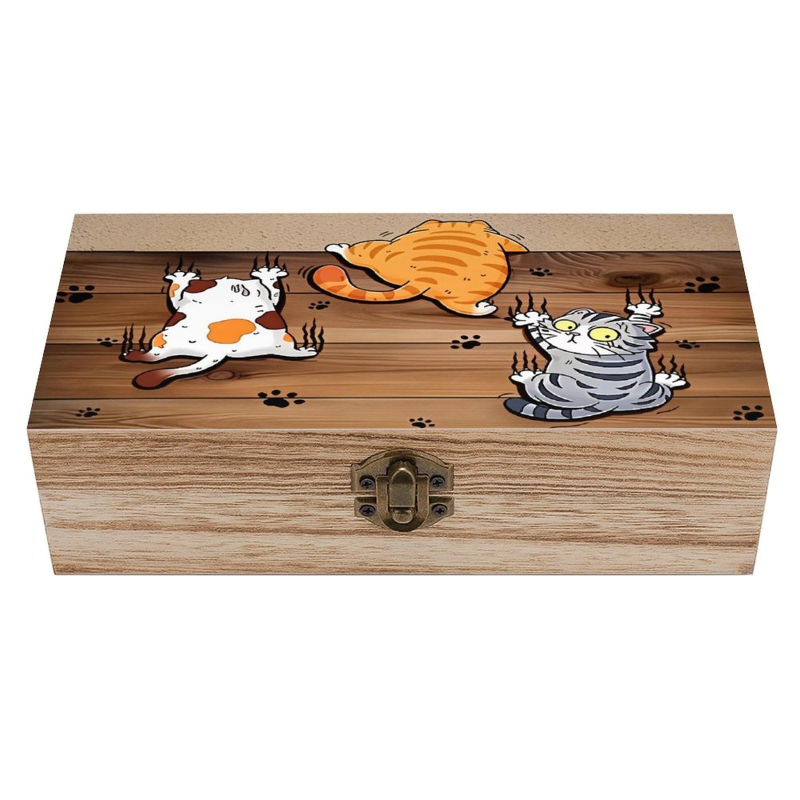 HLBSDM Three Kittens Vintage Wooden Keepsake Box with Hinged Lid And Locking Clasp, Decorative Storage Box for Jewelry, Trinkets And Small Accessories, Organizer for Home Or Wedding