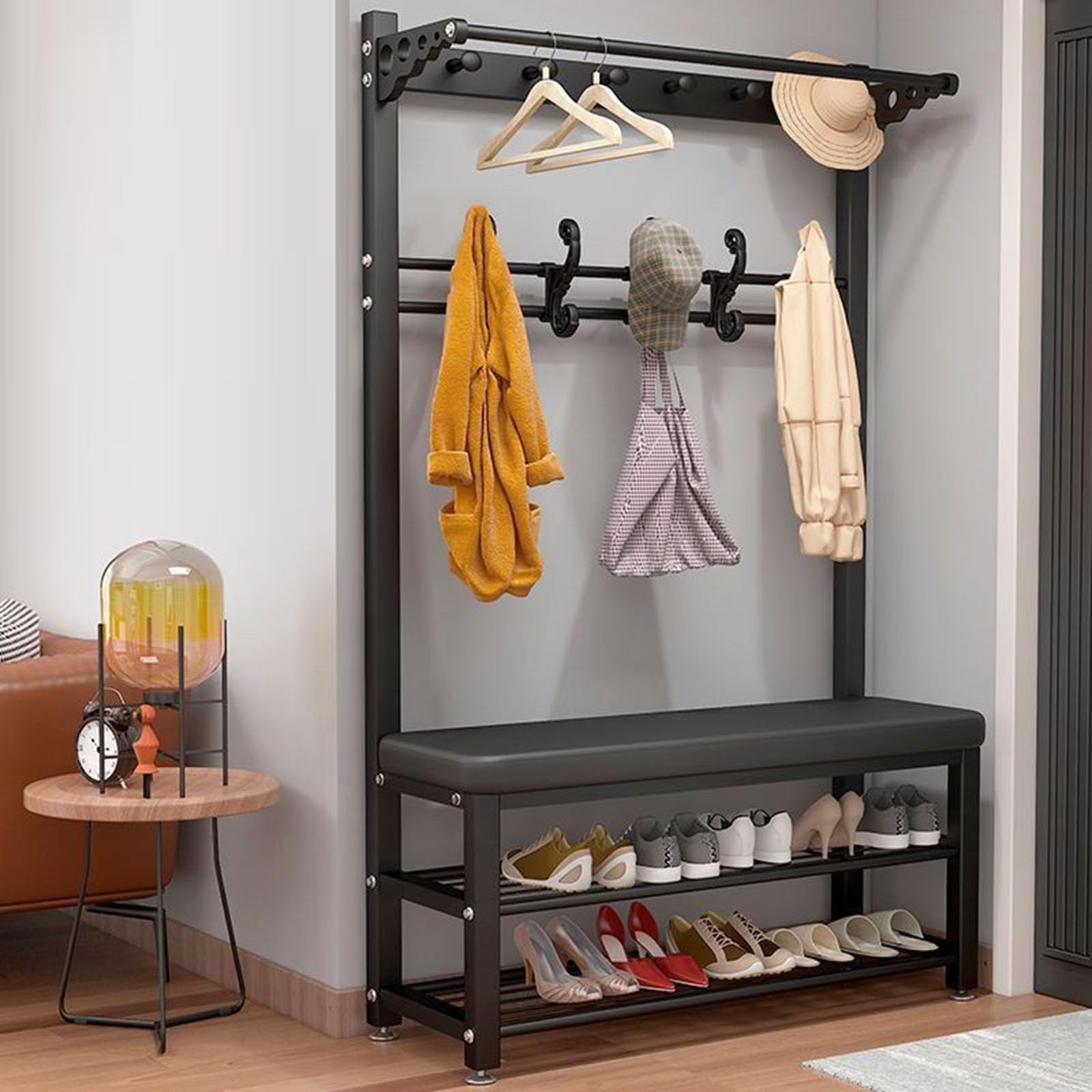 FGXHHS 4-in-1 Entryway Bench with Coat Rack & Shoe Storage, 8 Hooks Shelf, Hall Tree for Hallway, Adjustable Width 60-100cm, Modern Black Furniture