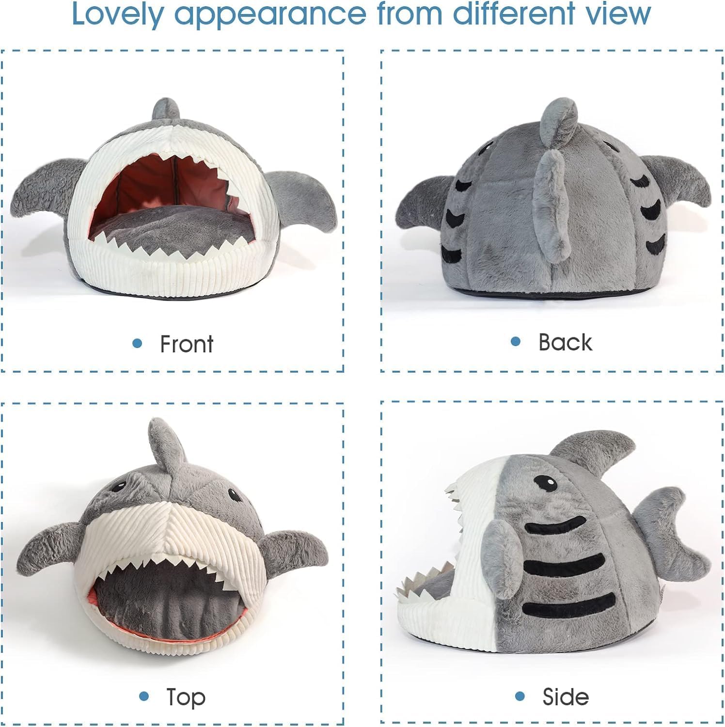 سرير الحيوانات الأليفة من القطط والكلاب بتصميم ناعم ولطيف، كهف قطط للأماكن الداخلية بتصميم دافئ على شكل سمكة قرش مع وسادة قابلة للإزالة والغسل من سكادي (رمادي فاتح، مقاس ميديوم)