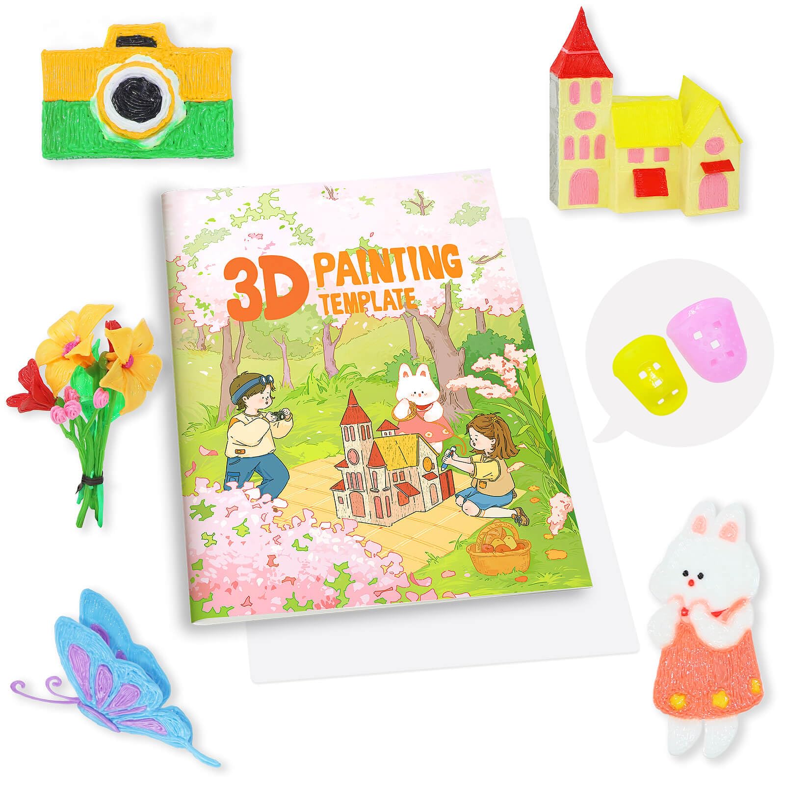 3D Pen Printing Drawing Book, Reusable Colorful Thick Paper Template with A Temperature Resistant Transparent Board, 40 Original Patterns Painting Graffiti Copy Book for Kids DIY Gift