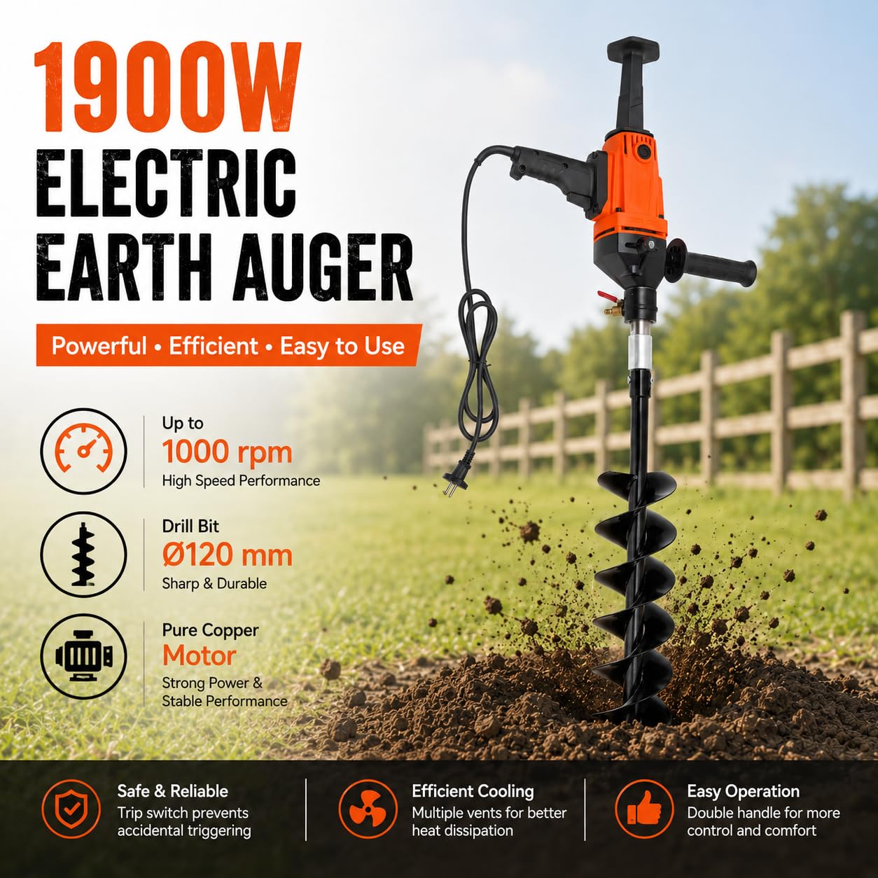 Madelynn Elektro Erdbohrer 1900W Erdlochbohrer Pfahlbohrer Gartenbohrer, Elektrische Grubenbohrmaschine mit Bohrer und 2 Griffe, Stufenlose Drehzahlregelung, für Garten Landwirtschaft