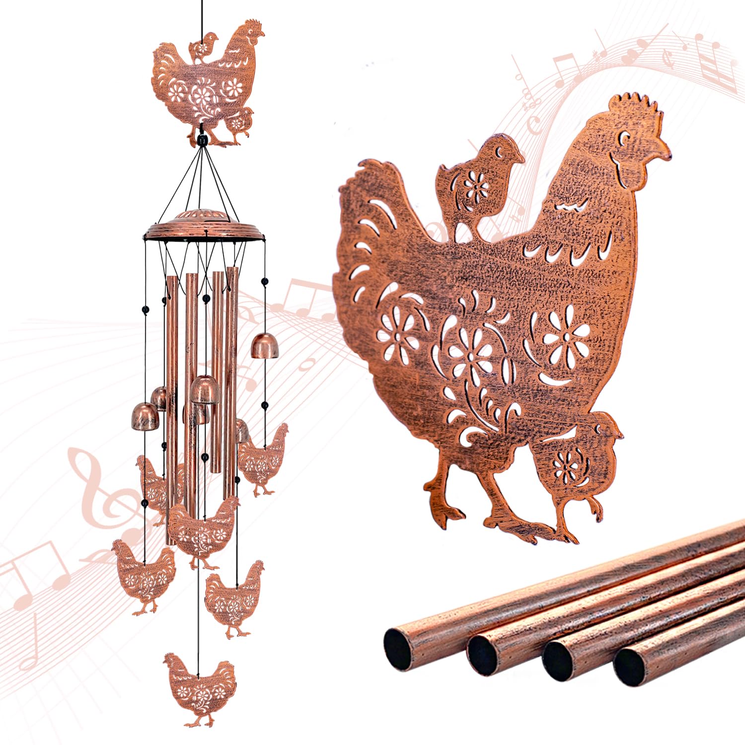 Chicken Wind Chimes Outdoor Chicken Gifts for Women Men Mom Gardening Birthday Gifts Metal Memorial WindChimes for Outside/Indoors, Lawn, Patio, Yard
