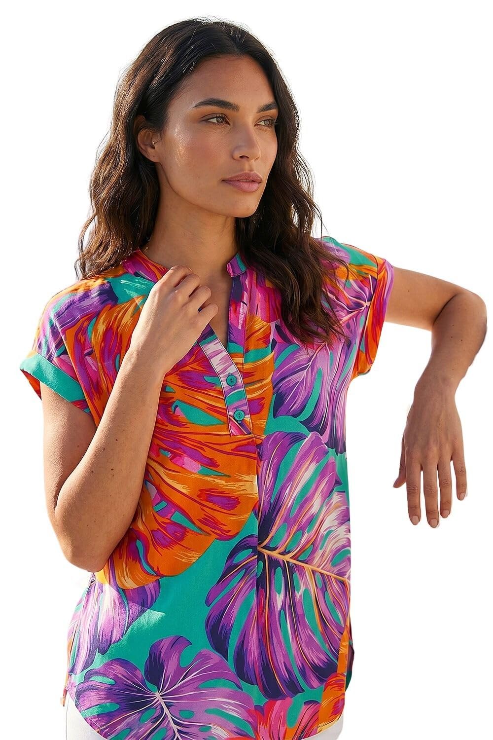 Roman Women's Turquoise Leaf Print Stretch Shirt In | Size: 18