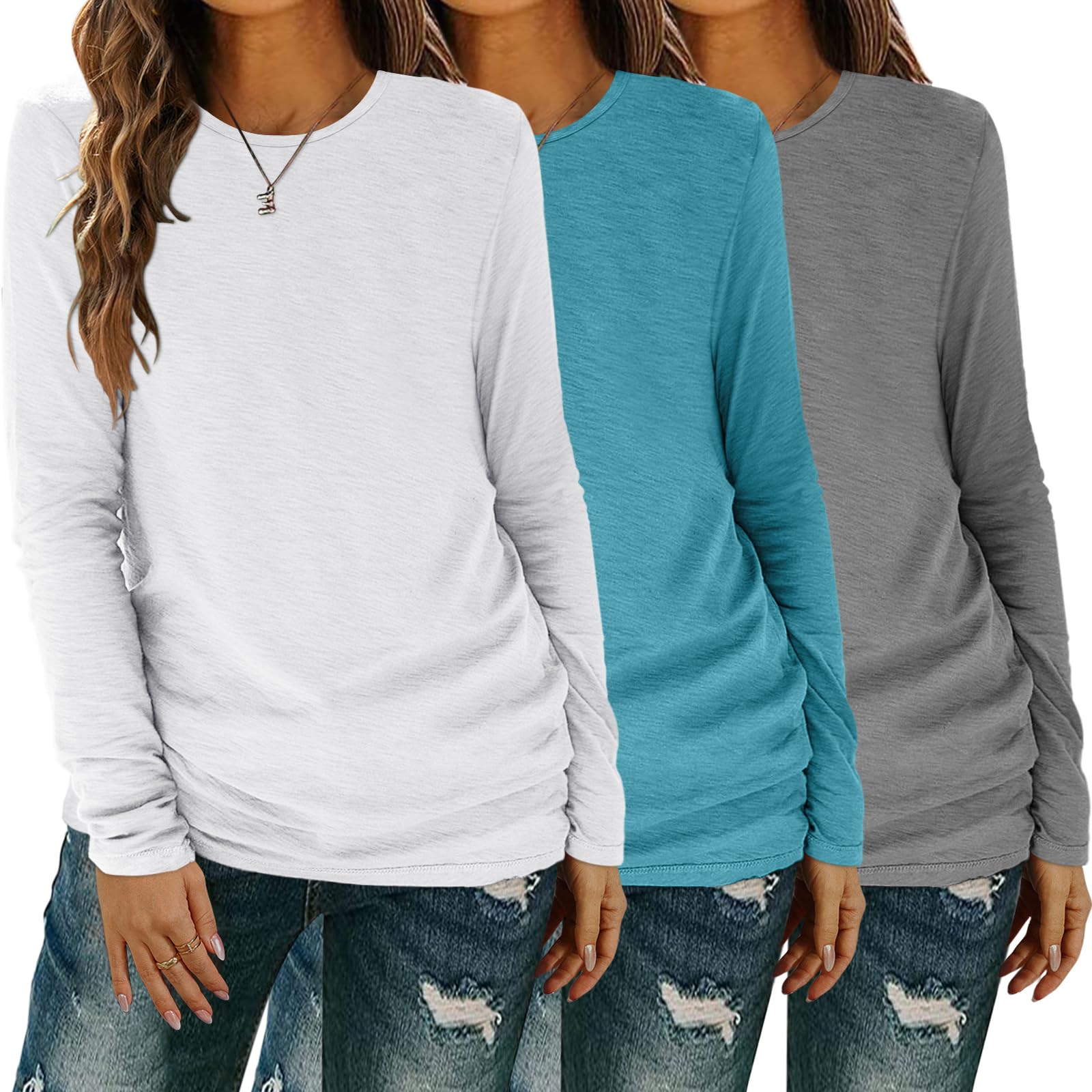 YGOODM Langarmshirt Damen, Casual Tshirt Fashion Oberteile Rundhalsausschnitt Tops Basic Lässige Longshirt