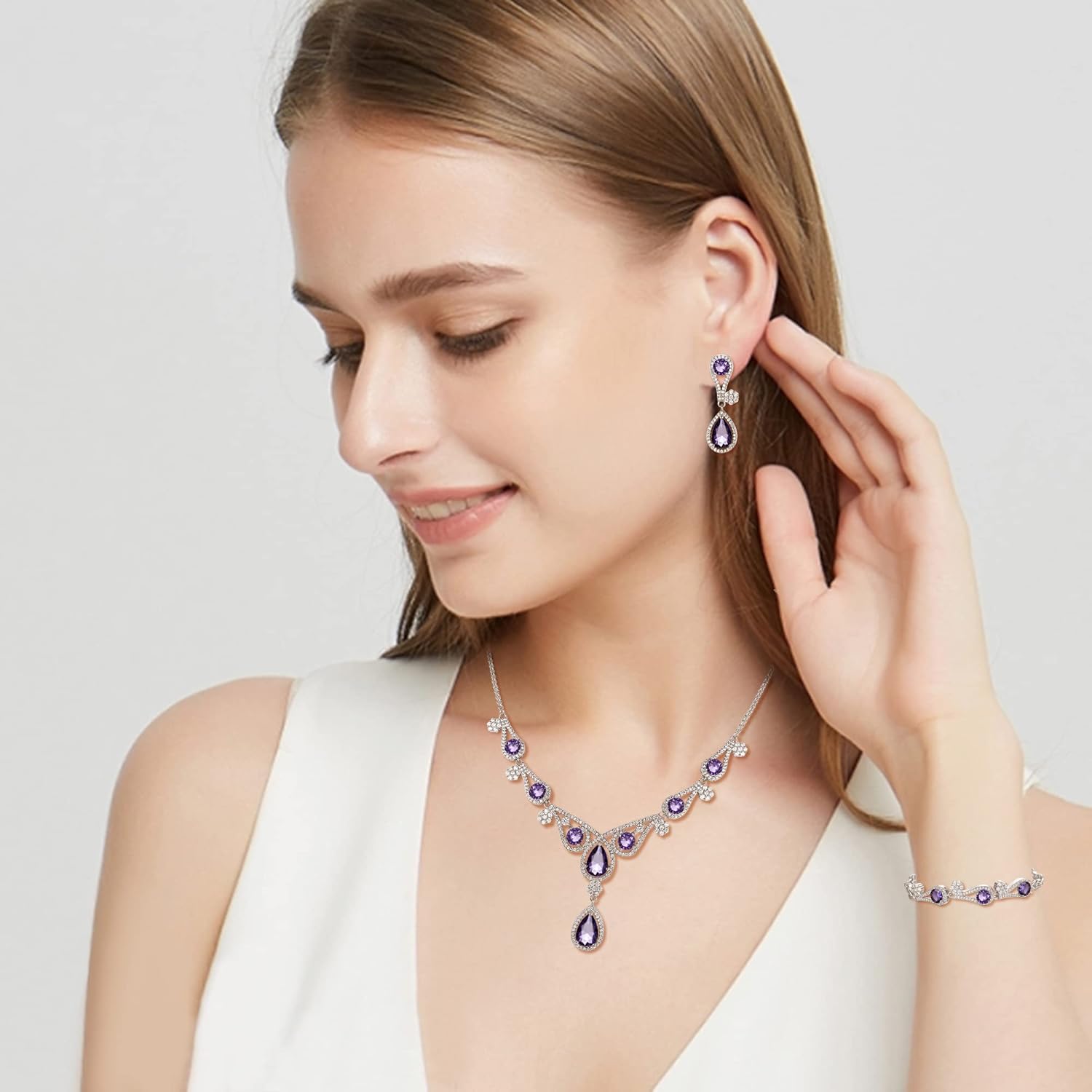 EVER FAITH Women's CZ Lots Hollow-Out Teardrop Necklace Earrings Bracelet Set Silver-Tone - Image 2