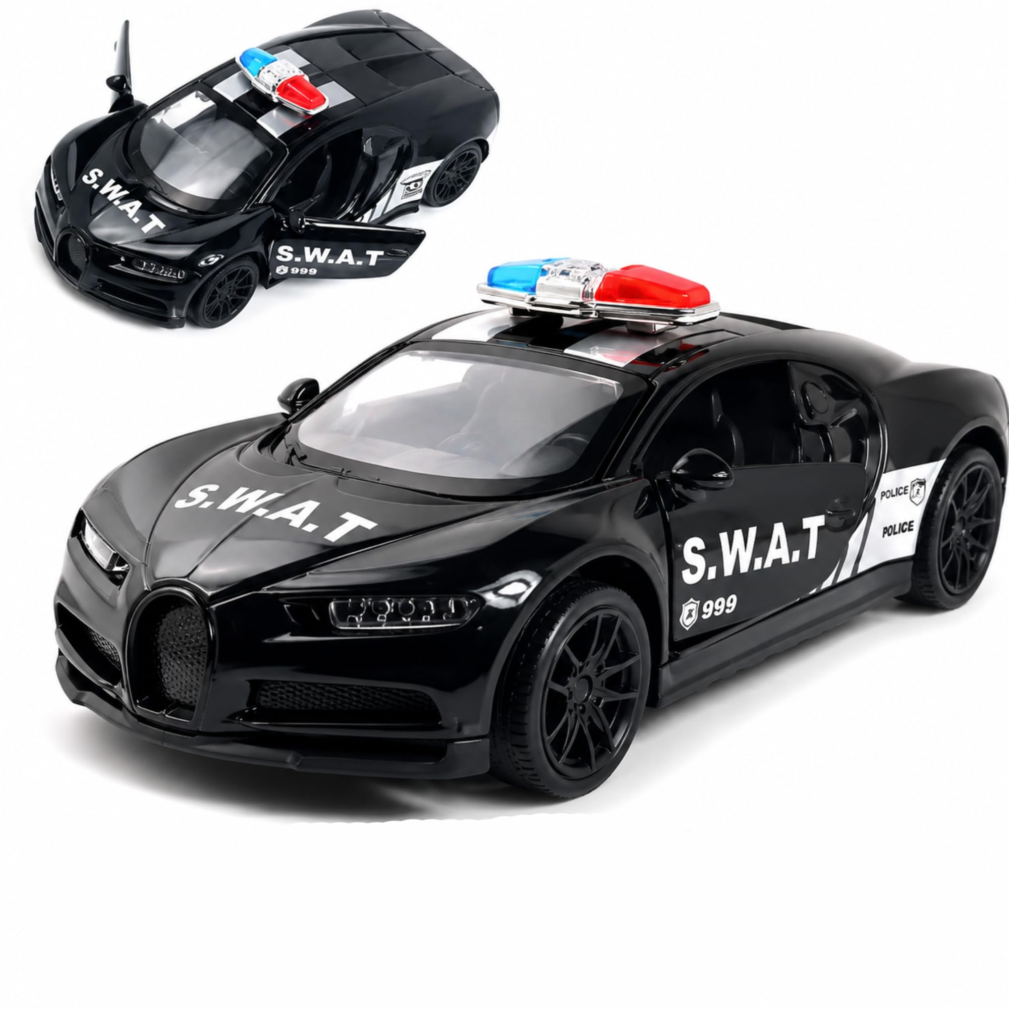 SHAKTISM Die-Cast Police Sports Car Toy for Kids, Pull Back Action Vehicle with Lights & Sound, Openable Doors, Mini Metal Model Car, Educational Pretend Play Toy Gift for Boys & Girls. (Black)-image-2